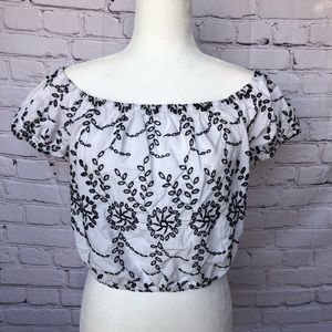 American Eagle Crop Top White Off Shoulder Black Cutout Embroidered Boho